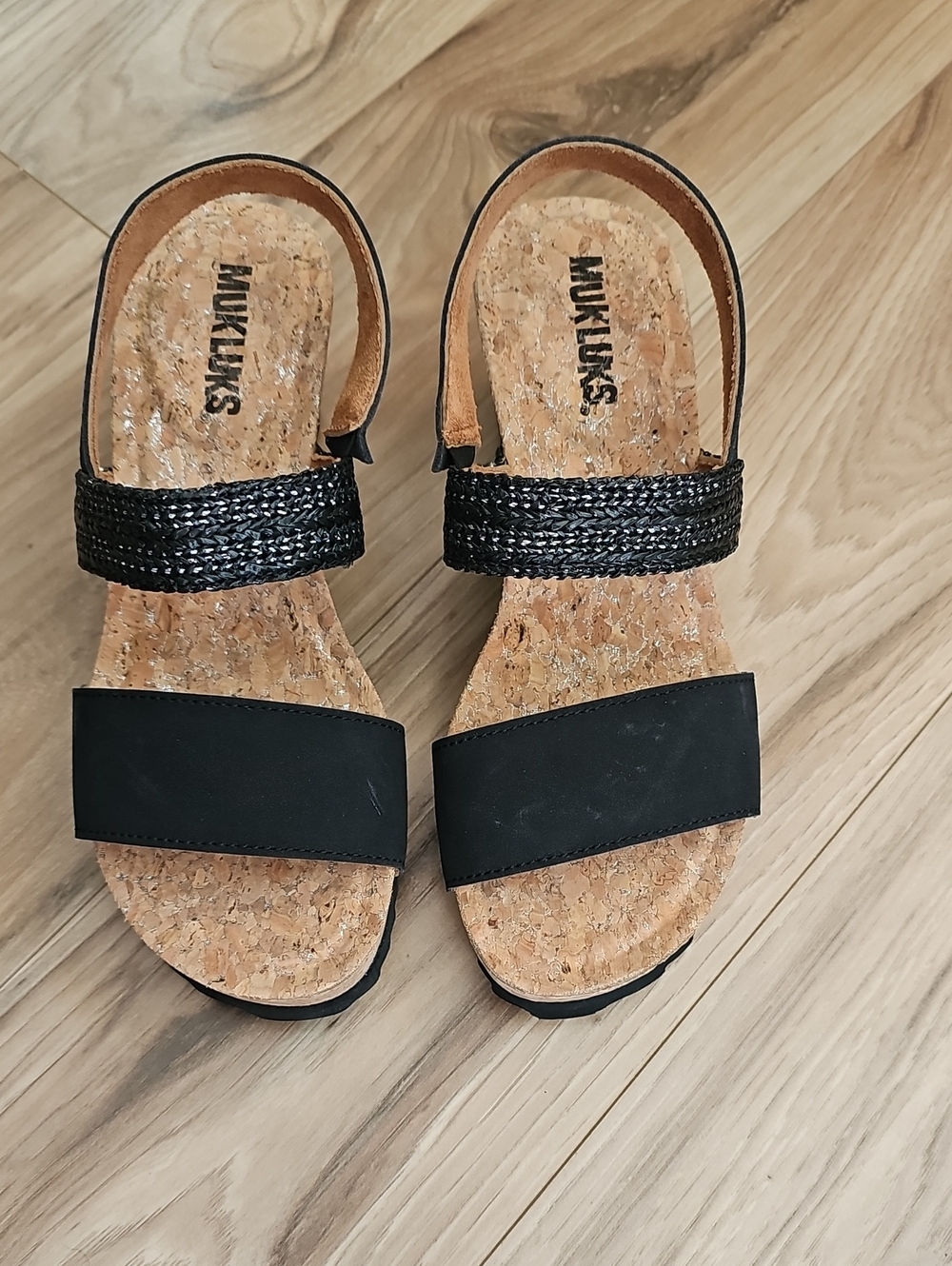 Muk Luks Black Cork Footbed Sandals with Woven Ankle Strap